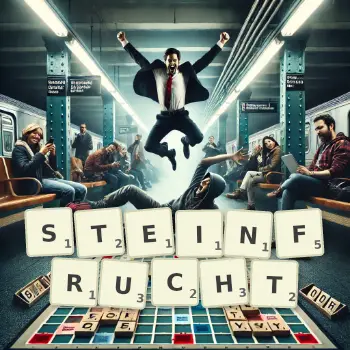 Kreative Illustration für ein Scrabble-Spiel, bei dem das Wort STEINFRUCHT mit Steinen auf dem Brett gelegt wurde.