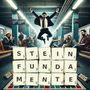 Kreative Illustration für ein Scrabble-Spiel, bei dem das Wort STEINFUNDAMENTE mit Steinen auf dem Brett gelegt wurde.