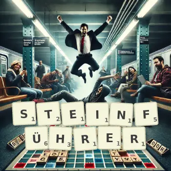 Kreative Illustration für ein Scrabble-Spiel, bei dem das Wort STEINFÜHRER mit Steinen auf dem Brett gelegt wurde.