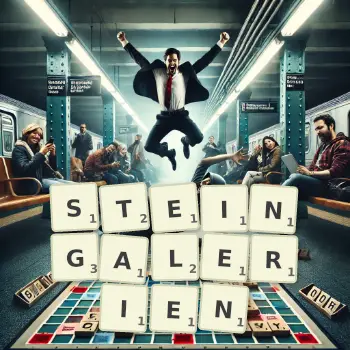 Kreative Illustration für ein Scrabble-Spiel, bei dem das Wort STEINGALERIEN mit Steinen auf dem Brett gelegt wurde.