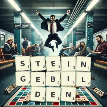 Kreative Illustration für ein Scrabble-Spiel, bei dem das Wort STEINGEBILDEN mit Steinen auf dem Brett gelegt wurde.