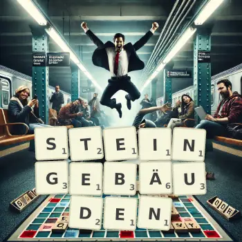 Kreative Illustration für ein Scrabble-Spiel, bei dem das Wort STEINGEBÄUDEN mit Steinen auf dem Brett gelegt wurde.