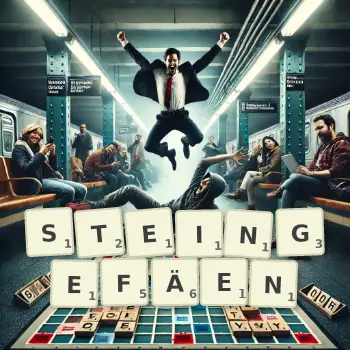 Kreative Illustration für ein Scrabble-Spiel, bei dem das Wort STEINGEFÄEN mit Steinen auf dem Brett gelegt wurde.