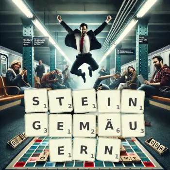 Kreative Illustration für ein Scrabble-Spiel, bei dem das Wort STEINGEMÄUERN mit Steinen auf dem Brett gelegt wurde.