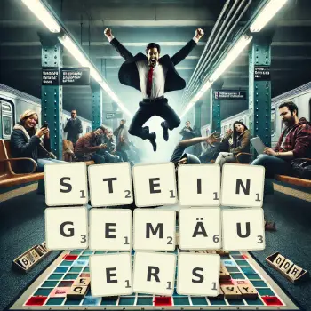 Kreative Illustration für ein Scrabble-Spiel, bei dem das Wort STEINGEMÄUERS mit Steinen auf dem Brett gelegt wurde.