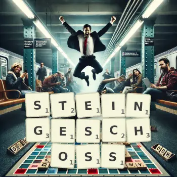 Kreative Illustration für ein Scrabble-Spiel, bei dem das Wort STEINGESCHOSS mit Steinen auf dem Brett gelegt wurde.