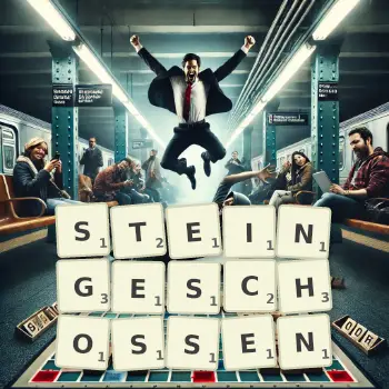 Kreative Illustration für ein Scrabble-Spiel, bei dem das Wort STEINGESCHOSSEN mit Steinen auf dem Brett gelegt wurde.
