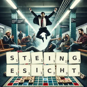 Kreative Illustration für ein Scrabble-Spiel, bei dem das Wort STEINGESICHT mit Steinen auf dem Brett gelegt wurde.