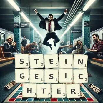 Kreative Illustration für ein Scrabble-Spiel, bei dem das Wort STEINGESICHTER mit Steinen auf dem Brett gelegt wurde.
