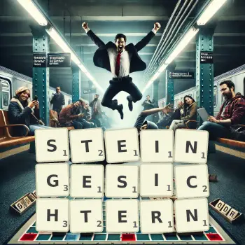Kreative Illustration für ein Scrabble-Spiel, bei dem das Wort STEINGESICHTERN mit Steinen auf dem Brett gelegt wurde.