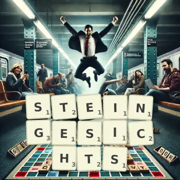 Kreative Illustration für ein Scrabble-Spiel, bei dem das Wort STEINGESICHTS mit Steinen auf dem Brett gelegt wurde.