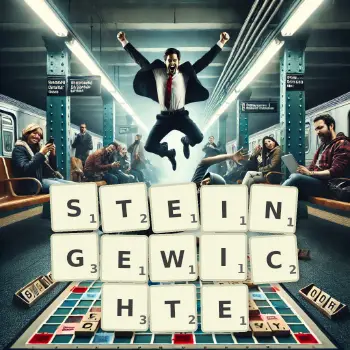 Kreative Illustration für ein Scrabble-Spiel, bei dem das Wort STEINGEWICHTE mit Steinen auf dem Brett gelegt wurde.