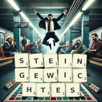 Kreative Illustration für ein Scrabble-Spiel, bei dem das Wort STEINGEWICHTES mit Steinen auf dem Brett gelegt wurde.