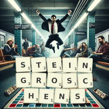 Kreative Illustration für ein Scrabble-Spiel, bei dem das Wort STEINGROSCHENS mit Steinen auf dem Brett gelegt wurde.