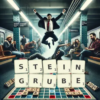 Kreative Illustration für ein Scrabble-Spiel, bei dem das Wort STEINGRUBE mit Steinen auf dem Brett gelegt wurde.
