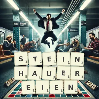 Kreative Illustration für ein Scrabble-Spiel, bei dem das Wort STEINHAUEREIEN mit Steinen auf dem Brett gelegt wurde.