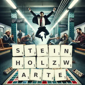 Kreative Illustration für ein Scrabble-Spiel, bei dem das Wort STEINHOLZWARTE mit Steinen auf dem Brett gelegt wurde.