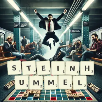 Kreative Illustration für ein Scrabble-Spiel, bei dem das Wort STEINHUMMEL mit Steinen auf dem Brett gelegt wurde.