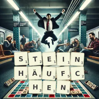 Kreative Illustration für ein Scrabble-Spiel, bei dem das Wort STEINHÄUFCHEN mit Steinen auf dem Brett gelegt wurde.