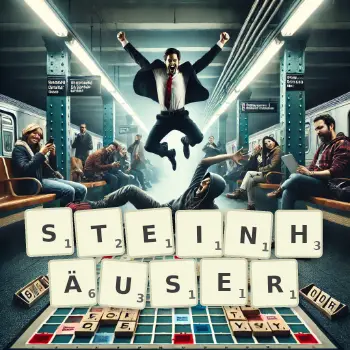Kreative Illustration für ein Scrabble-Spiel, bei dem das Wort STEINHÄUSER mit Steinen auf dem Brett gelegt wurde.