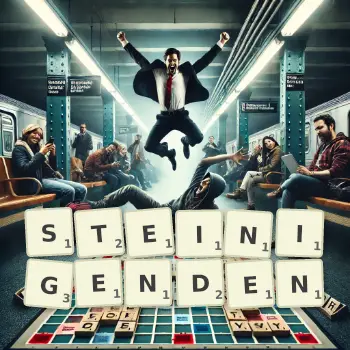 Kreative Illustration für ein Scrabble-Spiel, bei dem das Wort STEINIGENDEN mit Steinen auf dem Brett gelegt wurde.