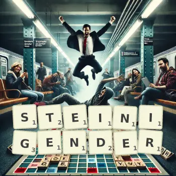 Kreative Illustration für ein Scrabble-Spiel, bei dem das Wort STEINIGENDER mit Steinen auf dem Brett gelegt wurde.