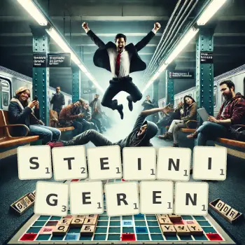 Kreative Illustration für ein Scrabble-Spiel, bei dem das Wort STEINIGEREN mit Steinen auf dem Brett gelegt wurde.