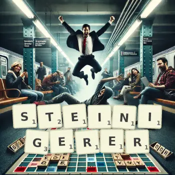 Kreative Illustration für ein Scrabble-Spiel, bei dem das Wort STEINIGERER mit Steinen auf dem Brett gelegt wurde.