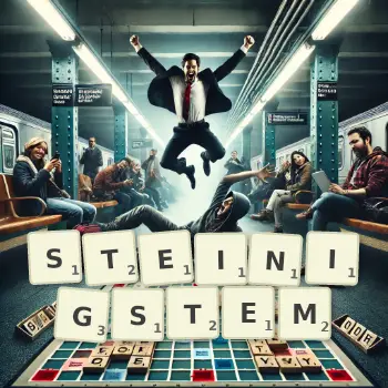 Kreative Illustration für ein Scrabble-Spiel, bei dem das Wort STEINIGSTEM mit Steinen auf dem Brett gelegt wurde.