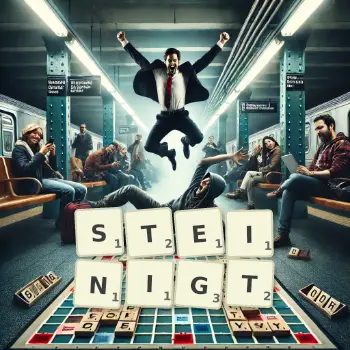 Kreative Illustration für ein Scrabble-Spiel, bei dem das Wort STEINIGT mit Steinen auf dem Brett gelegt wurde.