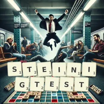 Kreative Illustration für ein Scrabble-Spiel, bei dem das Wort STEINIGTEST mit Steinen auf dem Brett gelegt wurde.