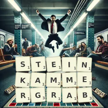 Kreative Illustration für ein Scrabble-Spiel, bei dem das Wort STEINKAMMERGRAB mit Steinen auf dem Brett gelegt wurde.