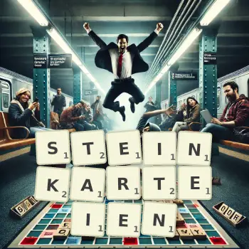 Kreative Illustration für ein Scrabble-Spiel, bei dem das Wort STEINKARTEIEN mit Steinen auf dem Brett gelegt wurde.