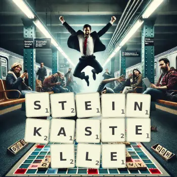 Kreative Illustration für ein Scrabble-Spiel, bei dem das Wort STEINKASTELLE mit Steinen auf dem Brett gelegt wurde.