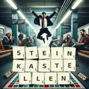 Kreative Illustration für ein Scrabble-Spiel, bei dem das Wort STEINKASTELLEN mit Steinen auf dem Brett gelegt wurde.