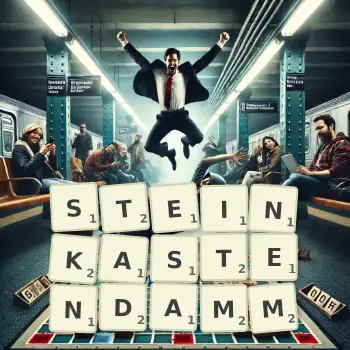 Kreative Illustration für ein Scrabble-Spiel, bei dem das Wort STEINKASTENDAMM mit Steinen auf dem Brett gelegt wurde.