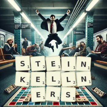 Kreative Illustration für ein Scrabble-Spiel, bei dem das Wort STEINKELLNERS mit Steinen auf dem Brett gelegt wurde.