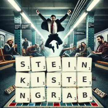 Kreative Illustration für ein Scrabble-Spiel, bei dem das Wort STEINKISTENGRAB mit Steinen auf dem Brett gelegt wurde.