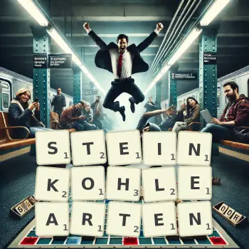 Kreative Illustration für ein Scrabble-Spiel, bei dem das Wort STEINKOHLEARTEN mit Steinen auf dem Brett gelegt wurde.