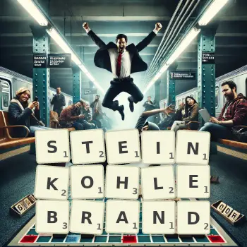 Kreative Illustration für ein Scrabble-Spiel, bei dem das Wort STEINKOHLEBRAND mit Steinen auf dem Brett gelegt wurde.