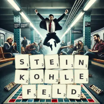 Kreative Illustration für ein Scrabble-Spiel, bei dem das Wort STEINKOHLEFELD mit Steinen auf dem Brett gelegt wurde.