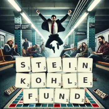 Kreative Illustration für ein Scrabble-Spiel, bei dem das Wort STEINKOHLEFUND mit Steinen auf dem Brett gelegt wurde.