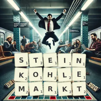 Kreative Illustration für ein Scrabble-Spiel, bei dem das Wort STEINKOHLEMARKT mit Steinen auf dem Brett gelegt wurde.