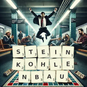 Kreative Illustration für ein Scrabble-Spiel, bei dem das Wort STEINKOHLENBAU mit Steinen auf dem Brett gelegt wurde.