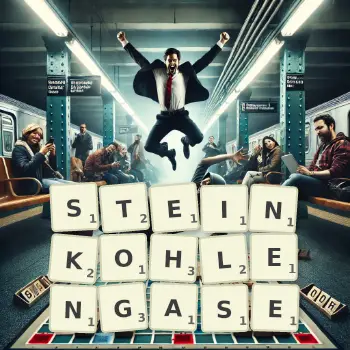 Kreative Illustration für ein Scrabble-Spiel, bei dem das Wort STEINKOHLENGASE mit Steinen auf dem Brett gelegt wurde.