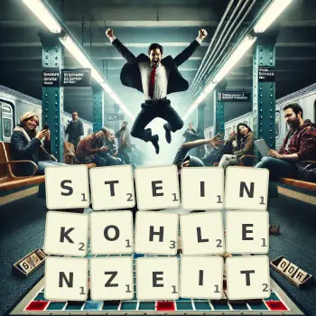Kreative Illustration für ein Scrabble-Spiel, bei dem das Wort STEINKOHLENZEIT mit Steinen auf dem Brett gelegt wurde.