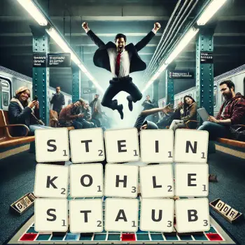 Kreative Illustration für ein Scrabble-Spiel, bei dem das Wort STEINKOHLESTAUB mit Steinen auf dem Brett gelegt wurde.