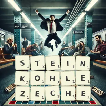 Kreative Illustration für ein Scrabble-Spiel, bei dem das Wort STEINKOHLEZECHE mit Steinen auf dem Brett gelegt wurde.