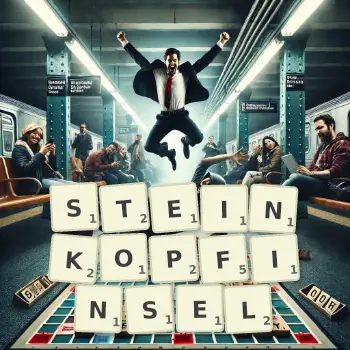 Kreative Illustration für ein Scrabble-Spiel, bei dem das Wort STEINKOPFINSEL mit Steinen auf dem Brett gelegt wurde.