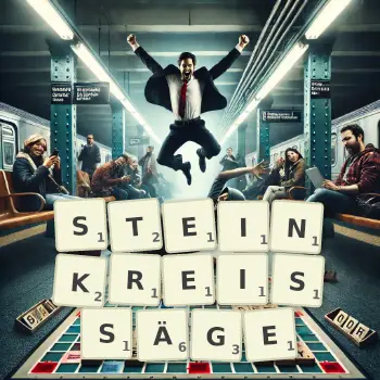 Kreative Illustration für ein Scrabble-Spiel, bei dem das Wort STEINKREISSÄGE mit Steinen auf dem Brett gelegt wurde.
